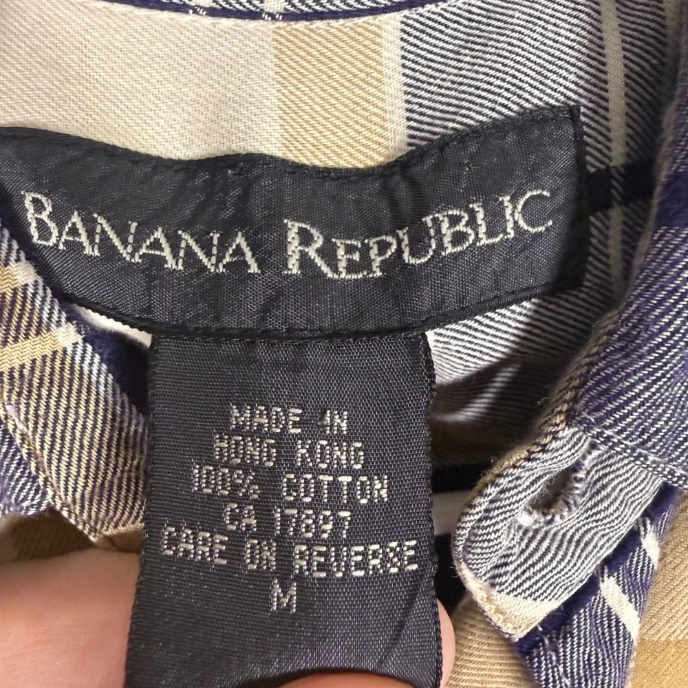 Vintage Banana Republic Plaid Flannel Shirt Men's Medium Blue Tan Long Sleeve